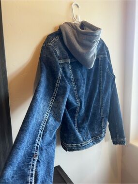 BKE Men's Washed Blue Denim Jacket with Gray Hood